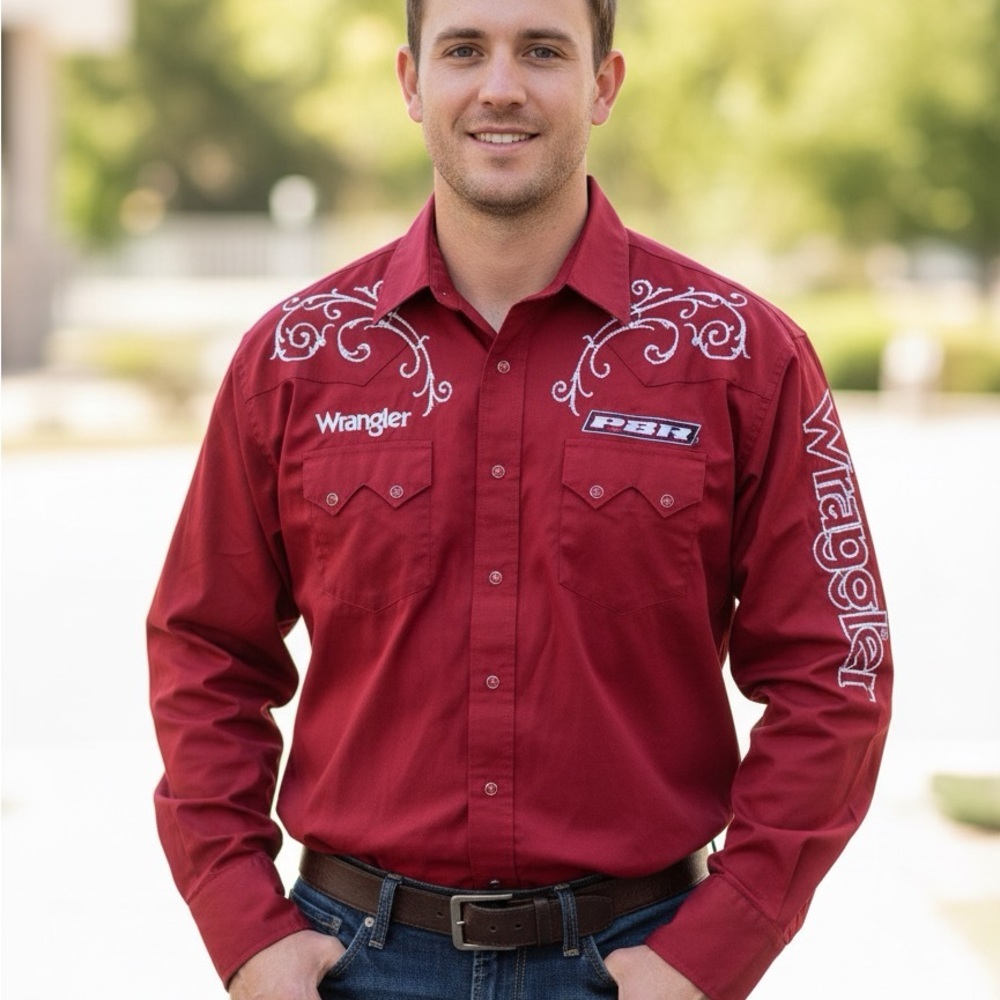 Wrangler Large Red PBR Pearl Snap Western Shirt